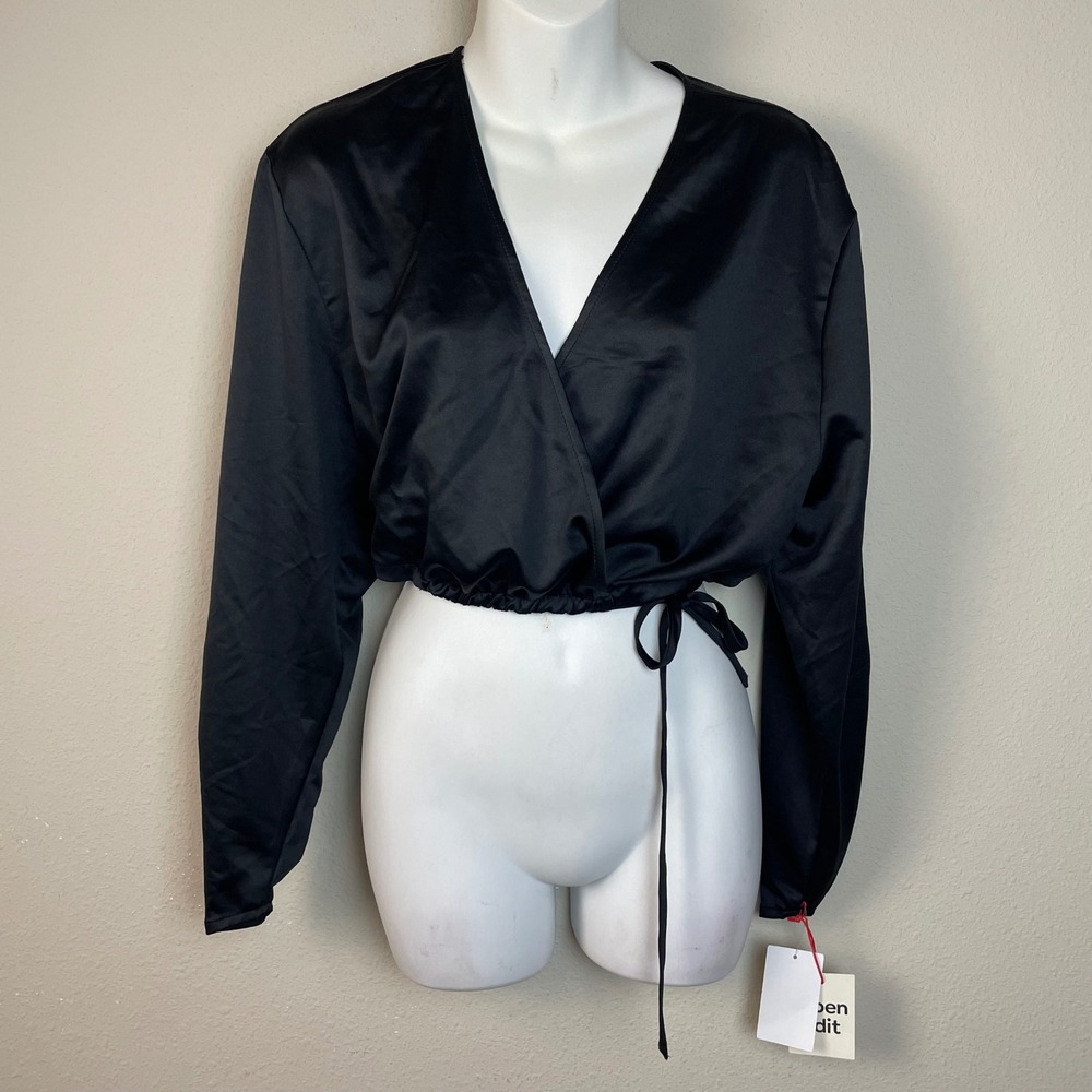 Open Edit Black Satin‎ Long Sleeve Wrap Crop Top Women's Size M